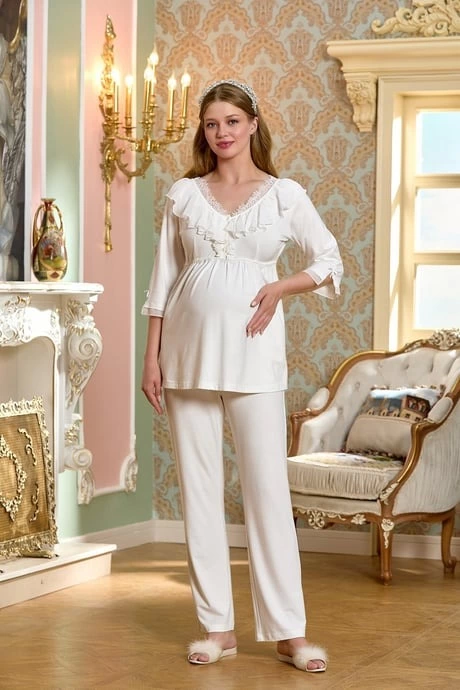 Aqua 25137 Dirsek Kol Dantel Detaylı Lohusa Pijama Takımı