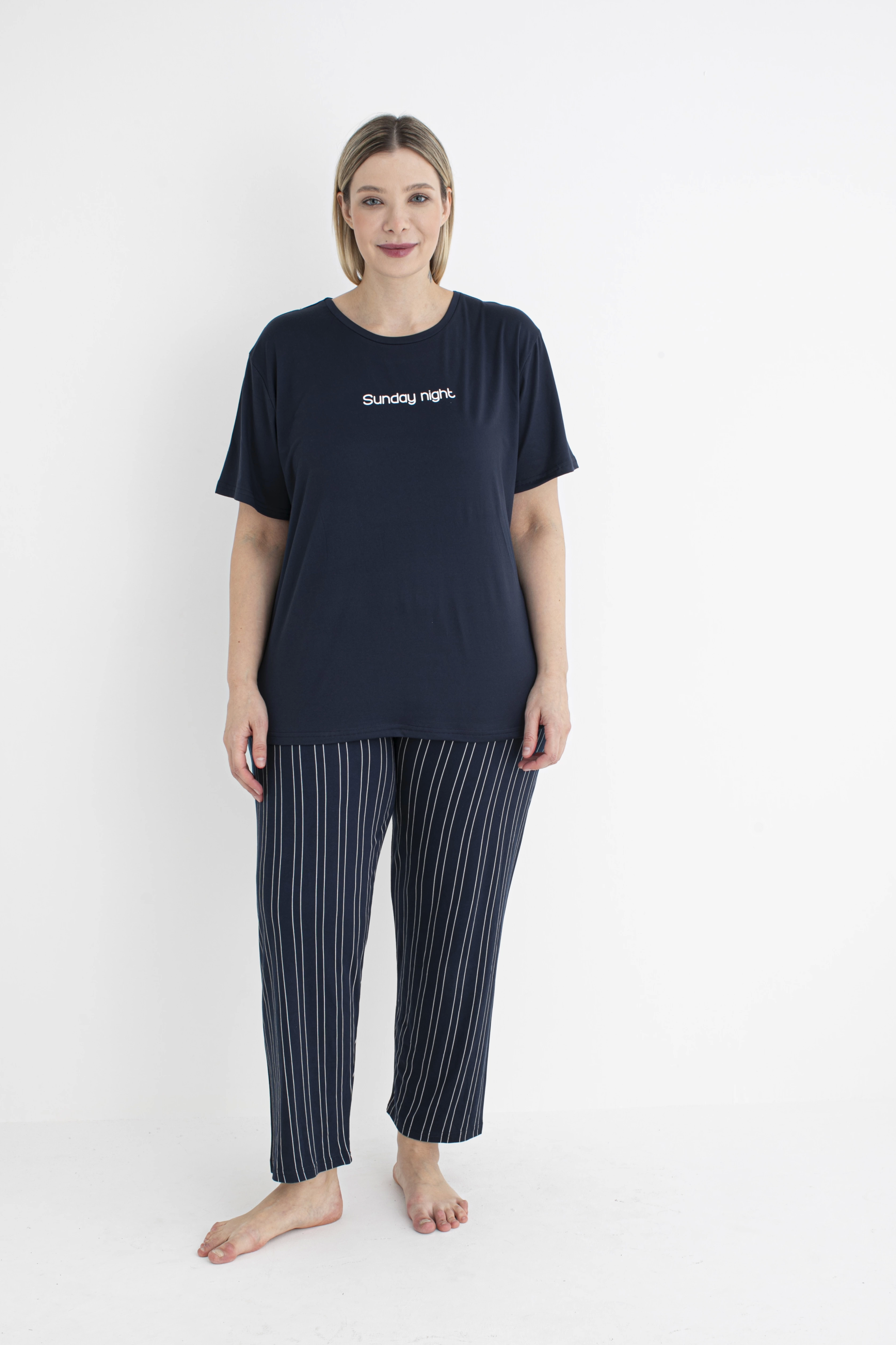 Estiva 25151 Kadın Battal  Beden Çizgilii Kısa Kol Pijama Takımı