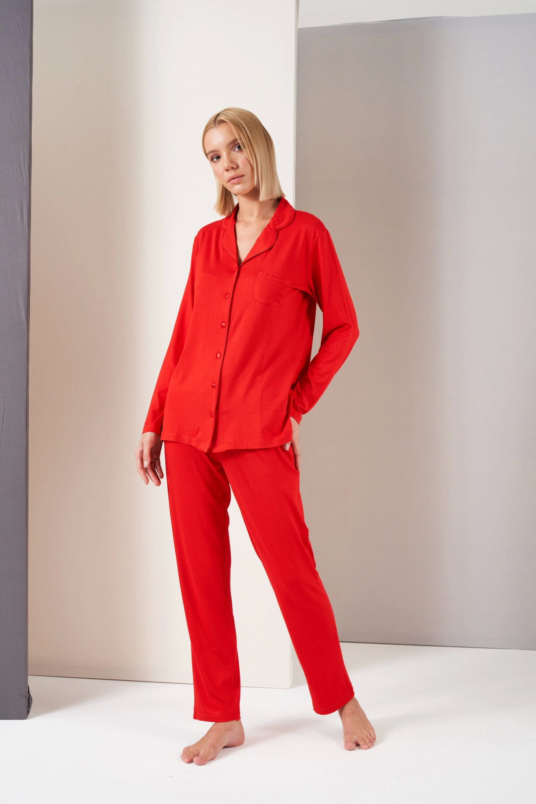 Pjs 26028  Bayan Önden Düğmeli Pijama Takımı